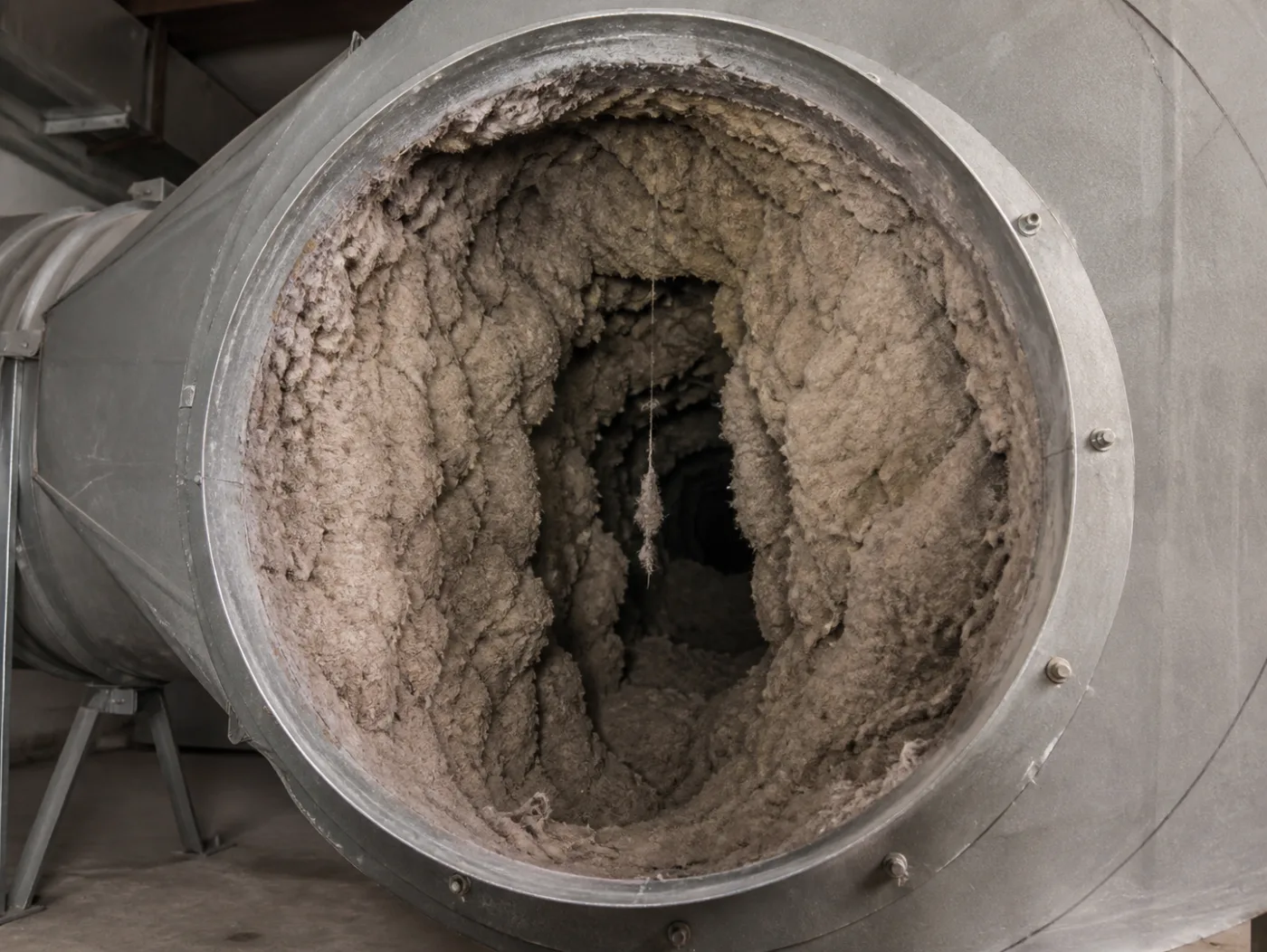 Lint packed inside a commercial laundry duct run