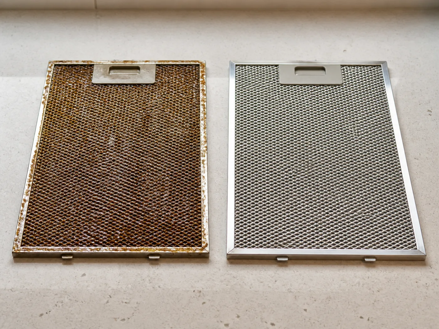 A grease-saturated mesh filter beside a clean one