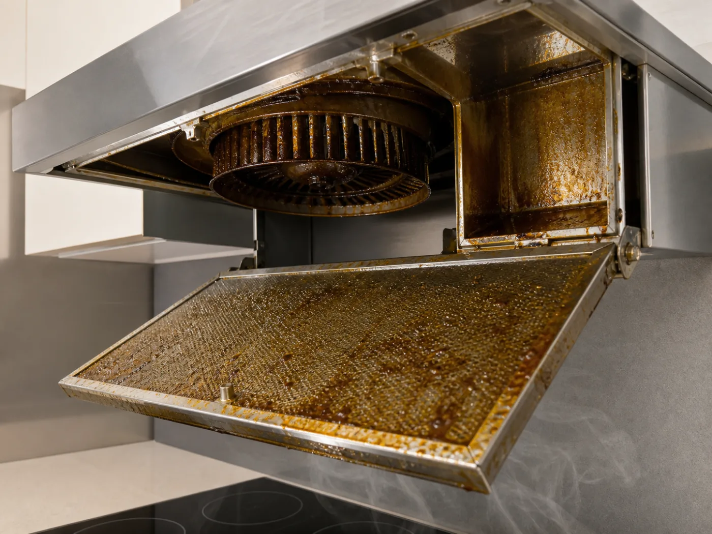 Illustration: where grease actually accumulates - filters, fan, housing, duct