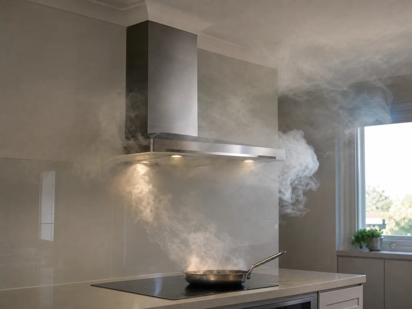 Smoke rolling past a choked hood instead of into it