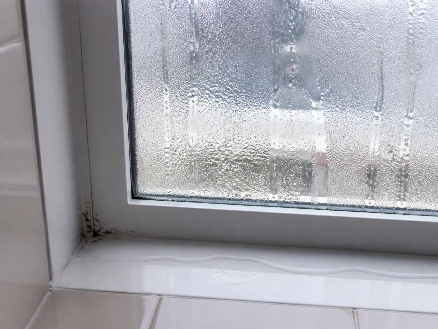 Condensation and black growth on a window frame in winter