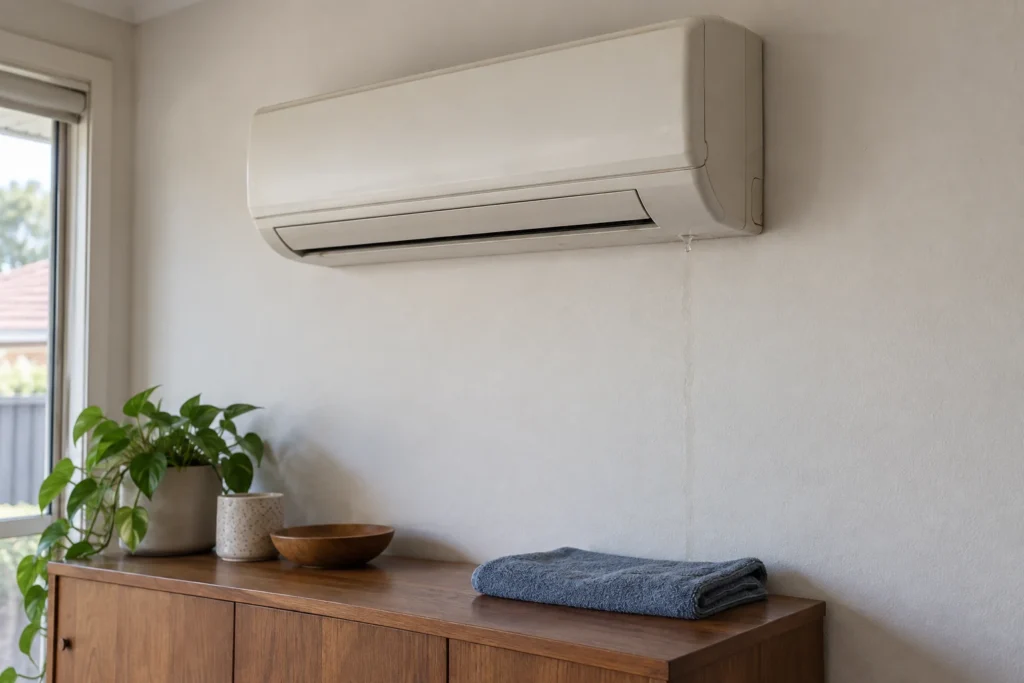 AI-generated editorial illustration of a split-system unit with a small leak and a towel beneath.