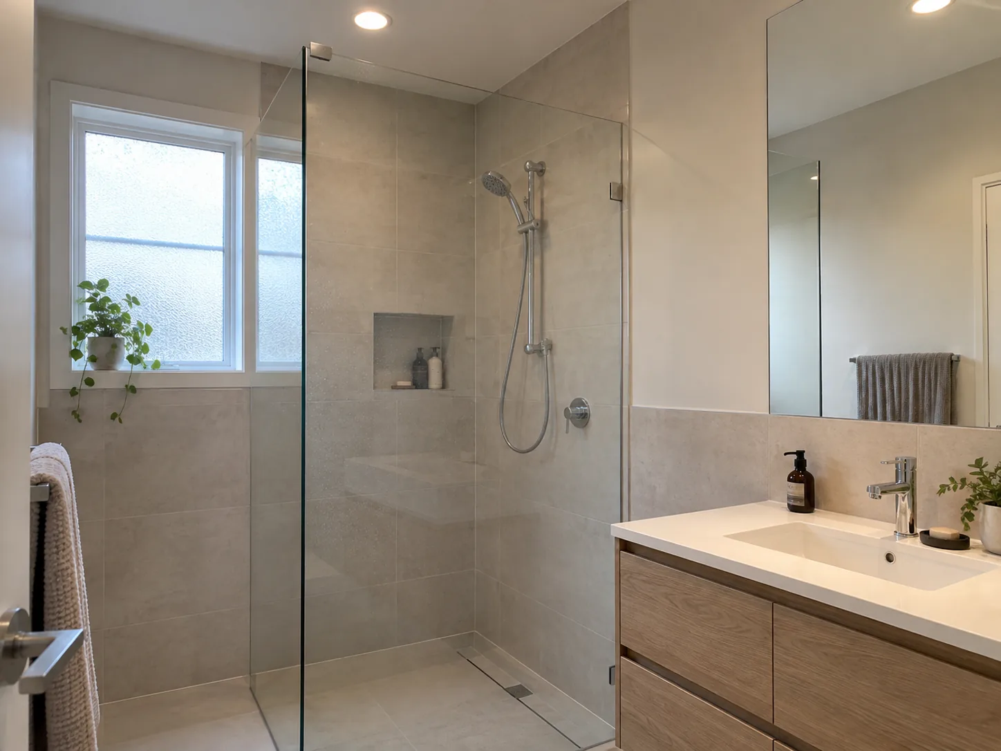 A bathroom with recessed LED downlights above the shower and the vanity