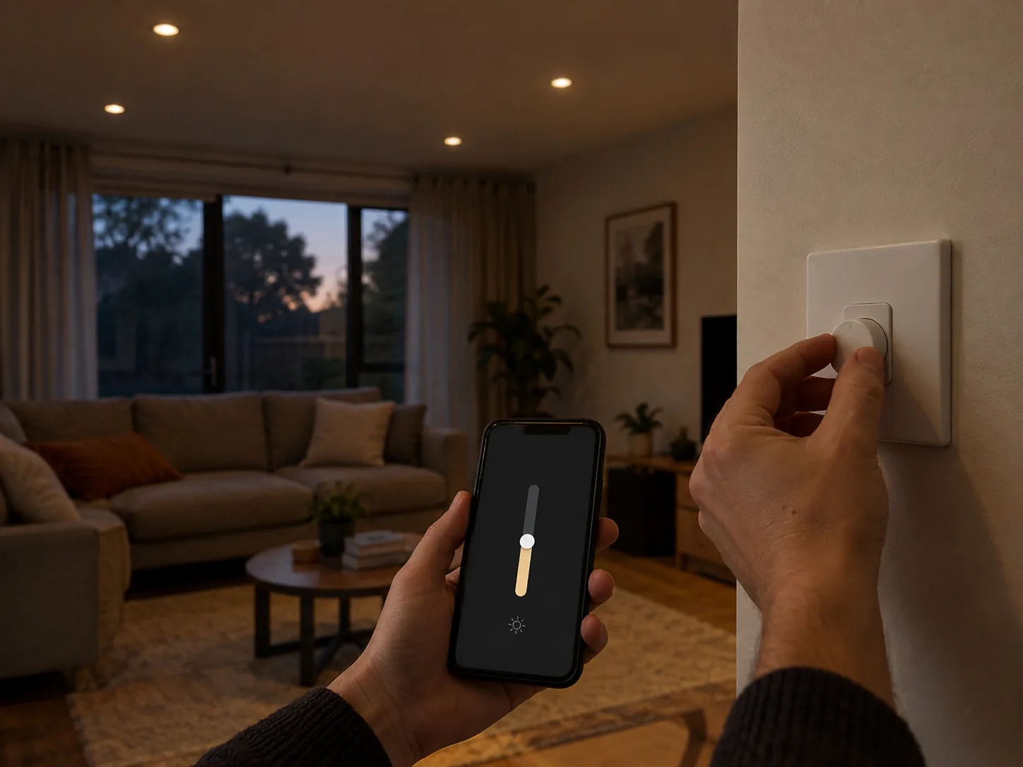 A living room dimmed low at dusk, one hand on the wall dimmer and a phone showing the brightness slider