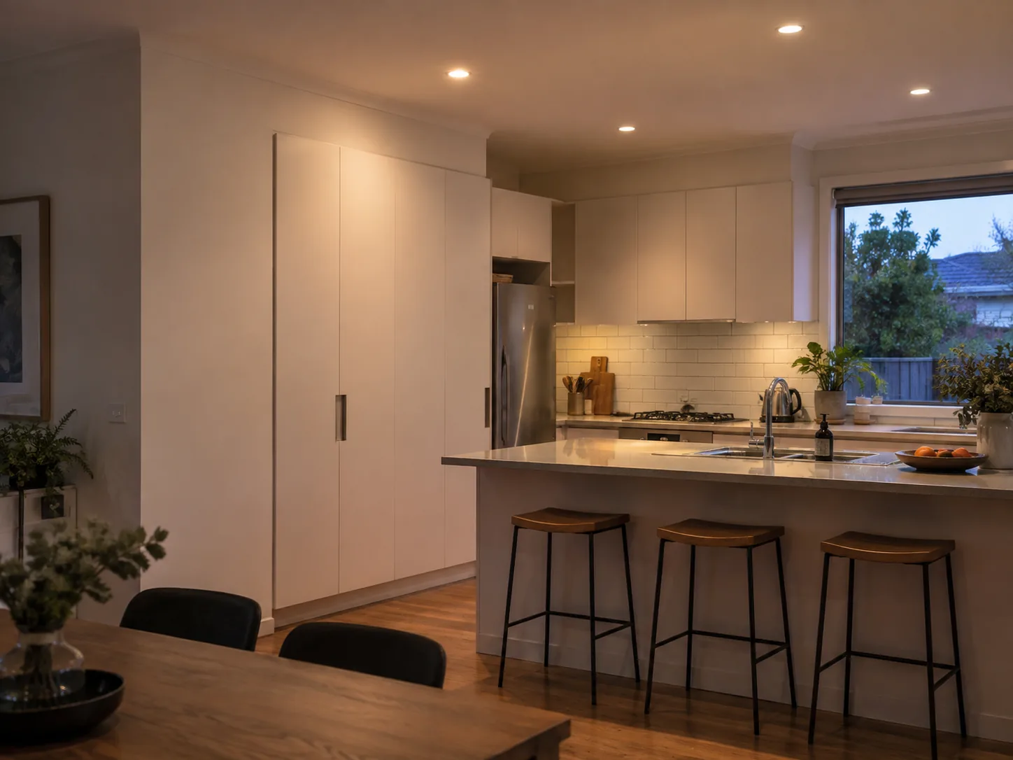 A kitchen and dining area lit by warm-white recessed downlights in the evening