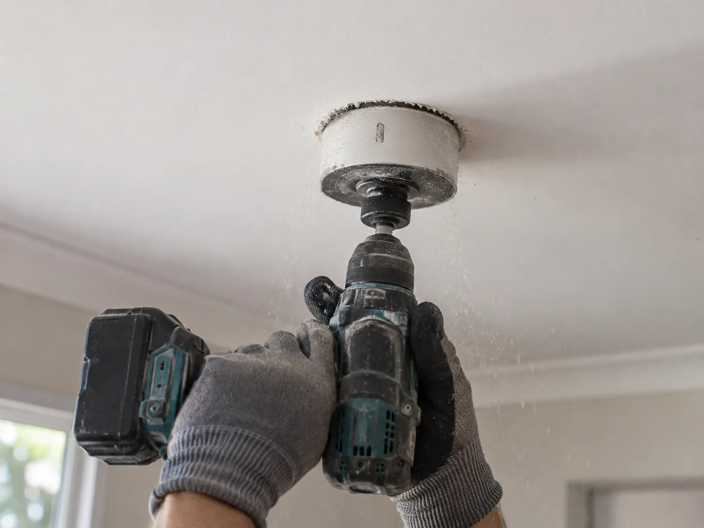 A hole saw cutting the ceiling opening for a new downlight