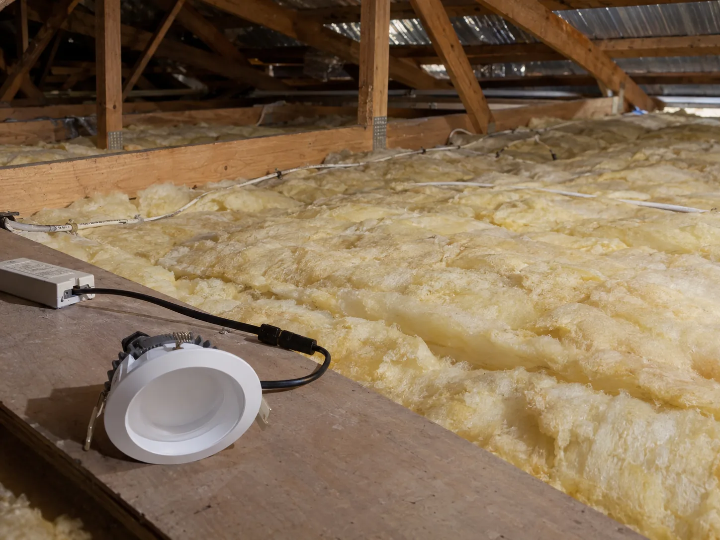 A sealed LED downlight and its driver laid out on the roof space walk board, ready to fit, with the ceiling batts alongside