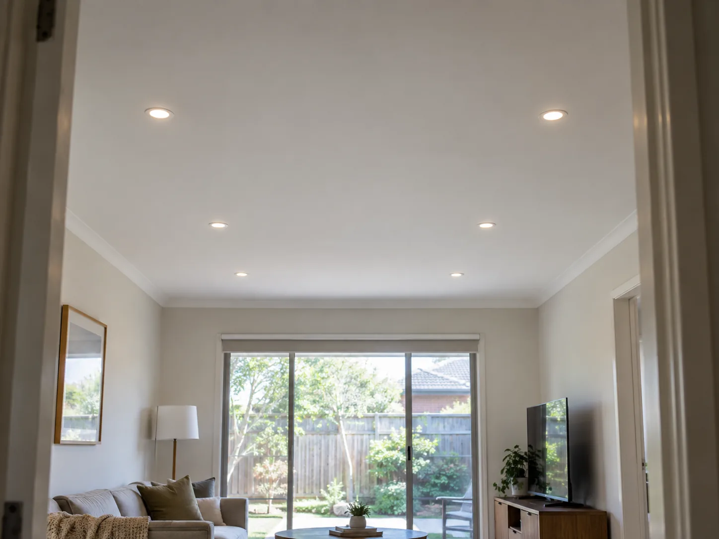 Evenly spaced downlights across a living room ceiling