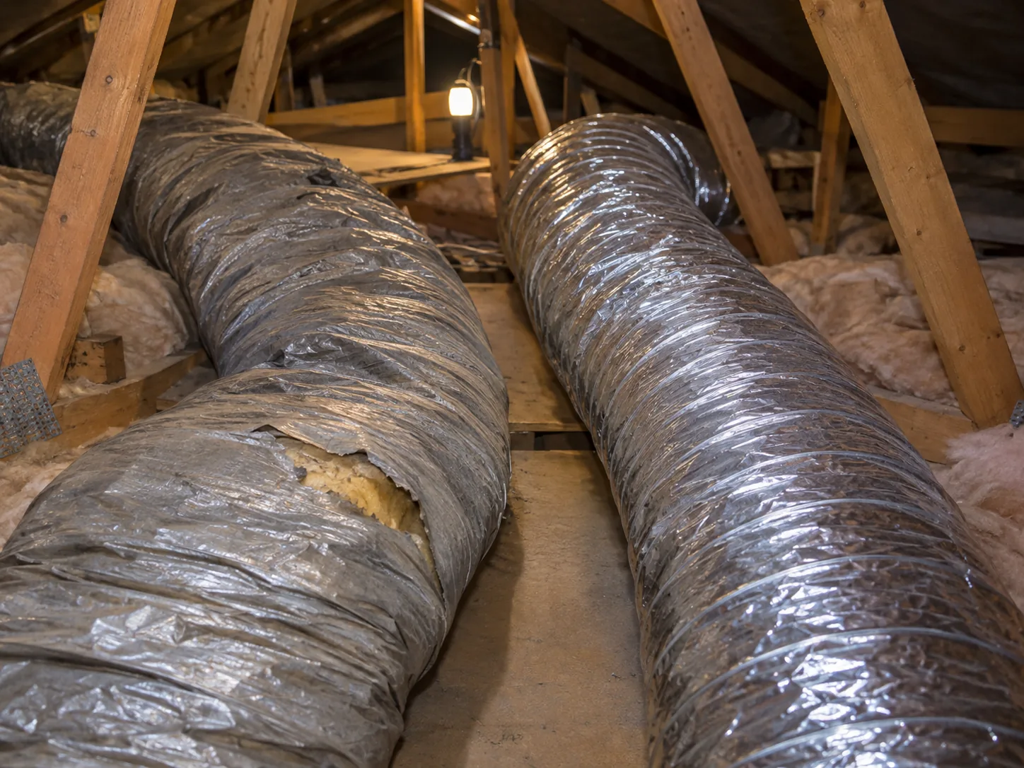 Old torn flexible duct beside new insulated duct in a roof space