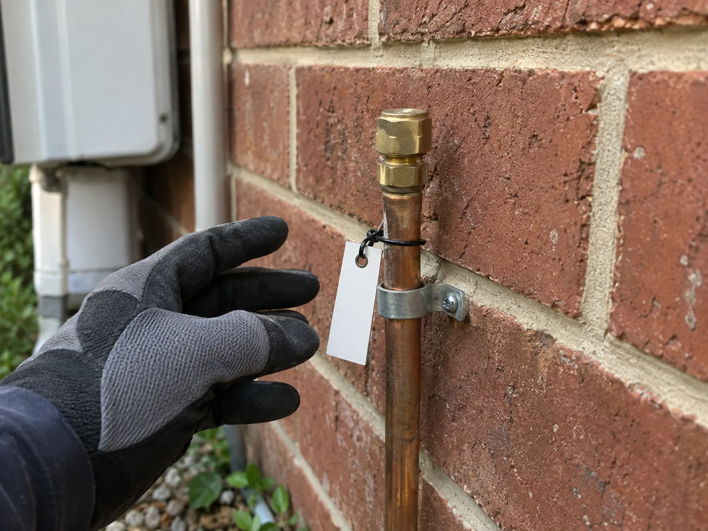 A capped and tagged gas line on the outside wall where the heater used to connect
