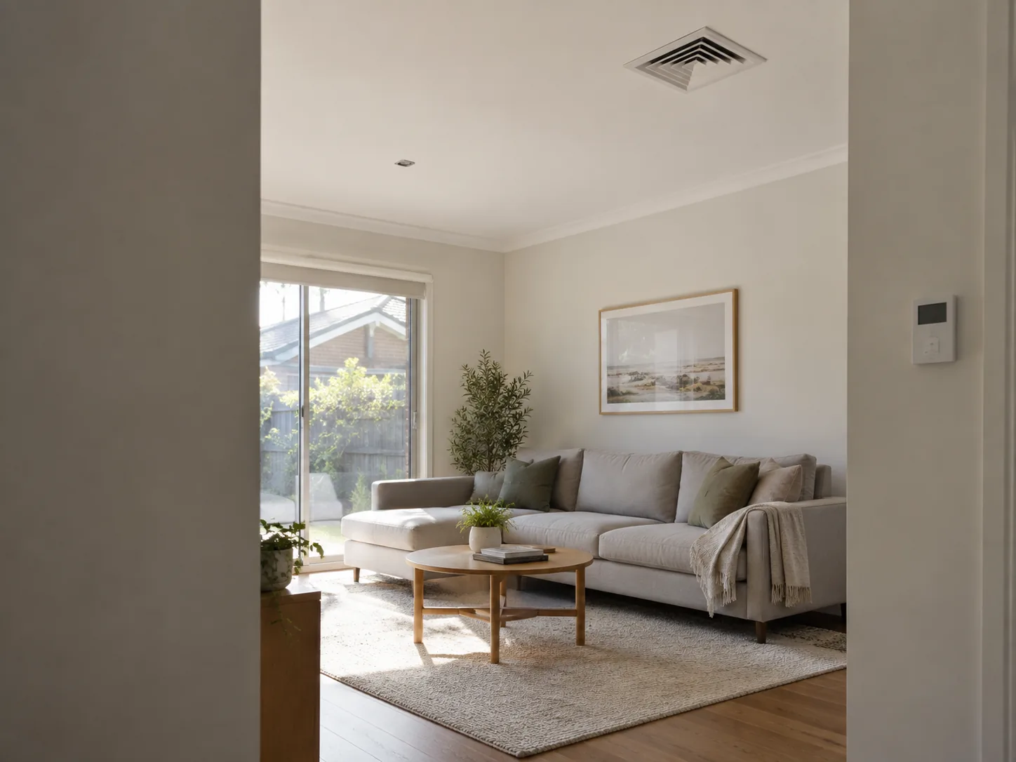 A living room with a square ceiling outlet and the wall controller by the door
