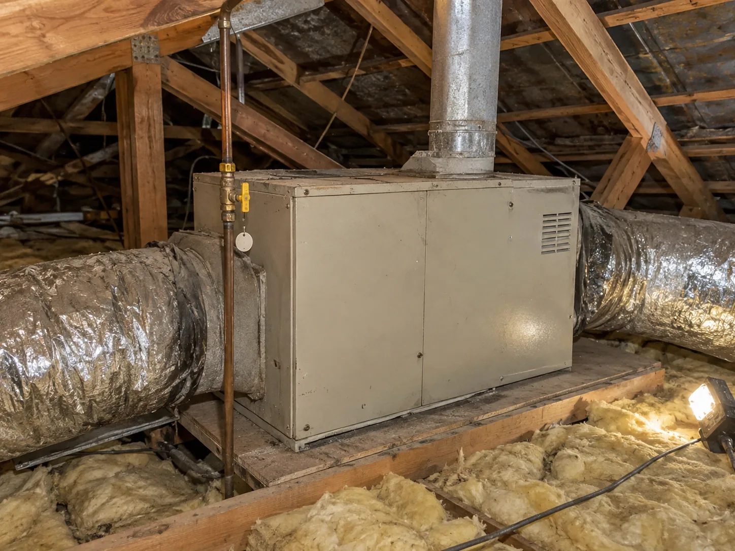 An old gas ducted heater in the roof space with its flue and duct runs attached