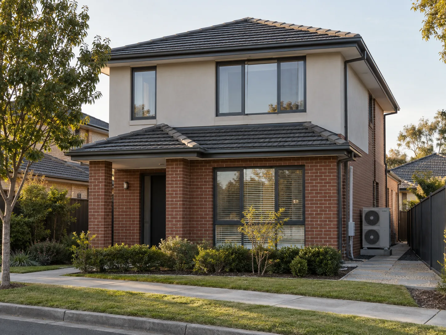 A two-storey brick home with the ducted outdoor unit along the side wall
