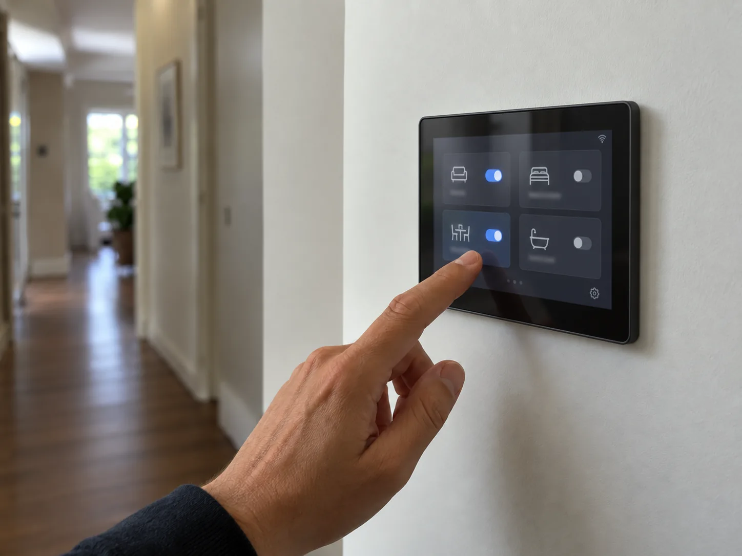 A wall touchscreen zone controller with living, bedroom, dining and bathroom zones switched separately