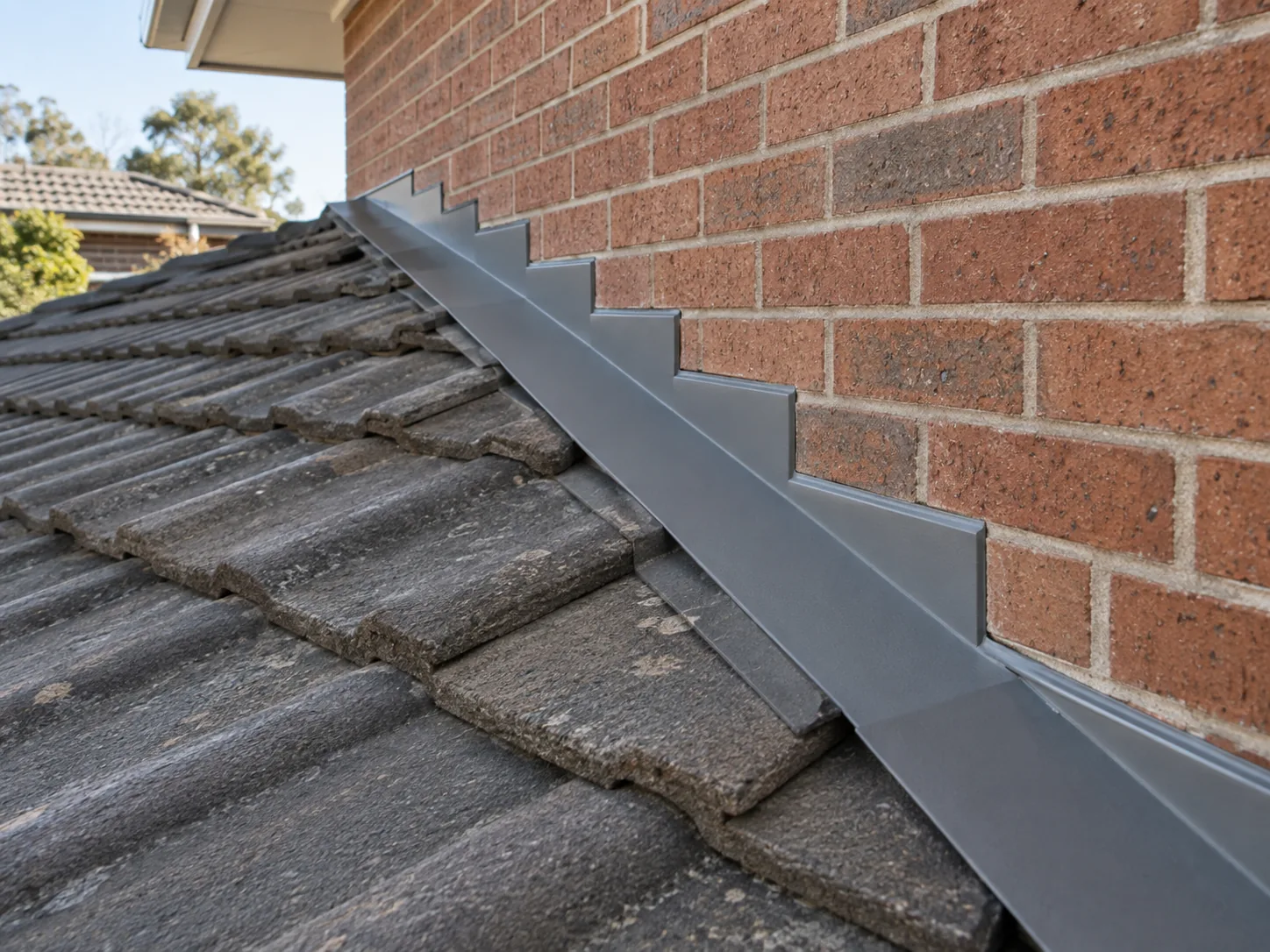 New step flashing fitted against a brick wall above a tile roof