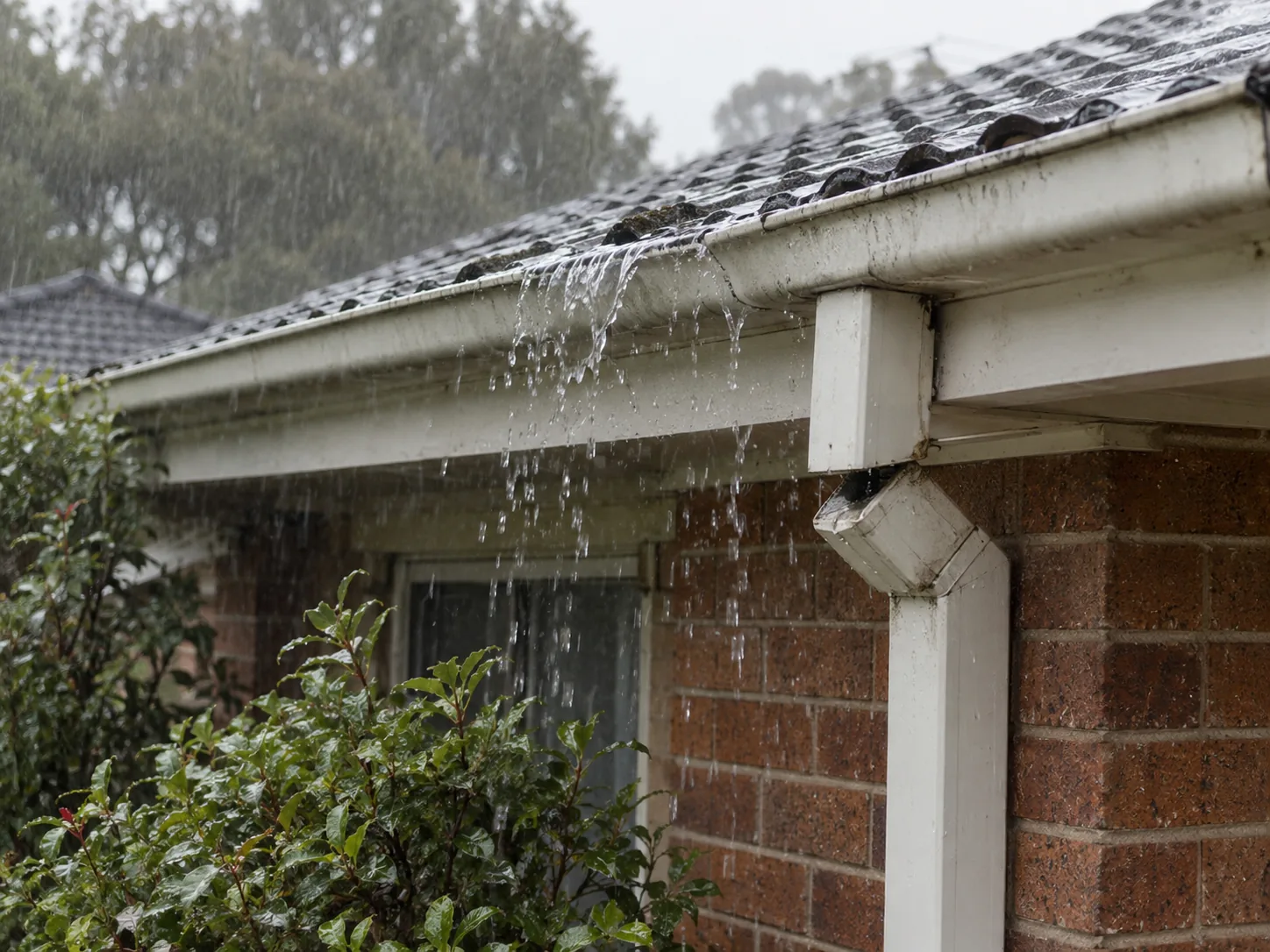 Rainwater spilling over the gutter edge at a corner during heavy rain