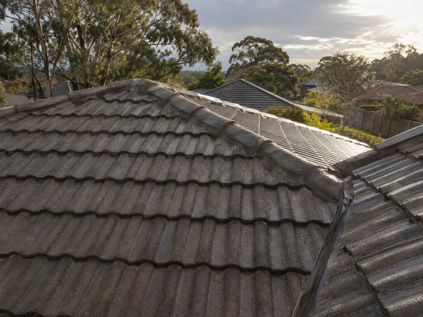 A concrete tile roof seen from above, the hip line running down to the gutter