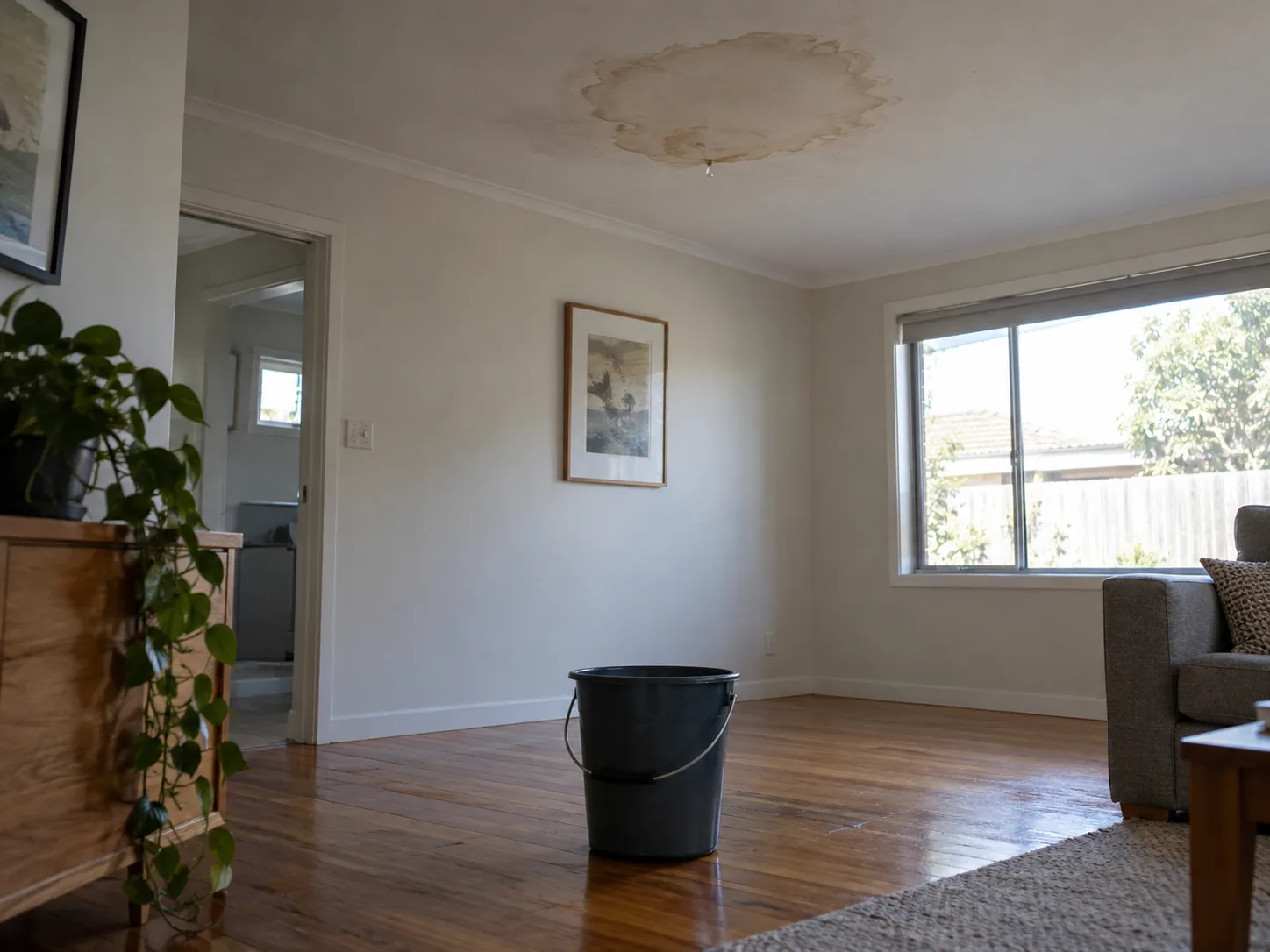 A water stain on a plaster ceiling with a bucket set under the drip