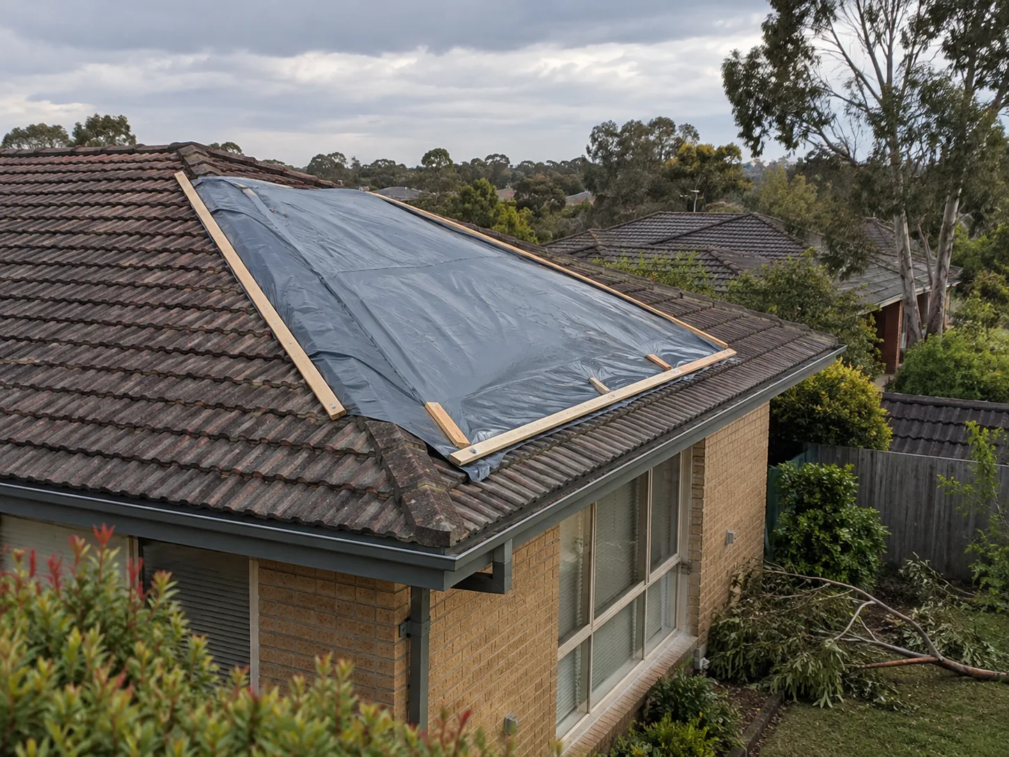 A tarp battened over a damaged section of tile roof after a storm, a fallen branch in the yard