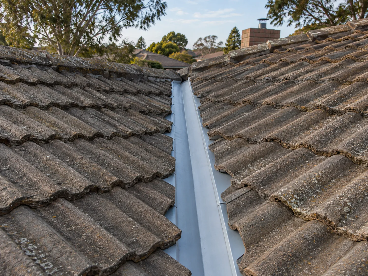 A new valley iron laid between two tile slopes with the cut tiles laid back on both sides