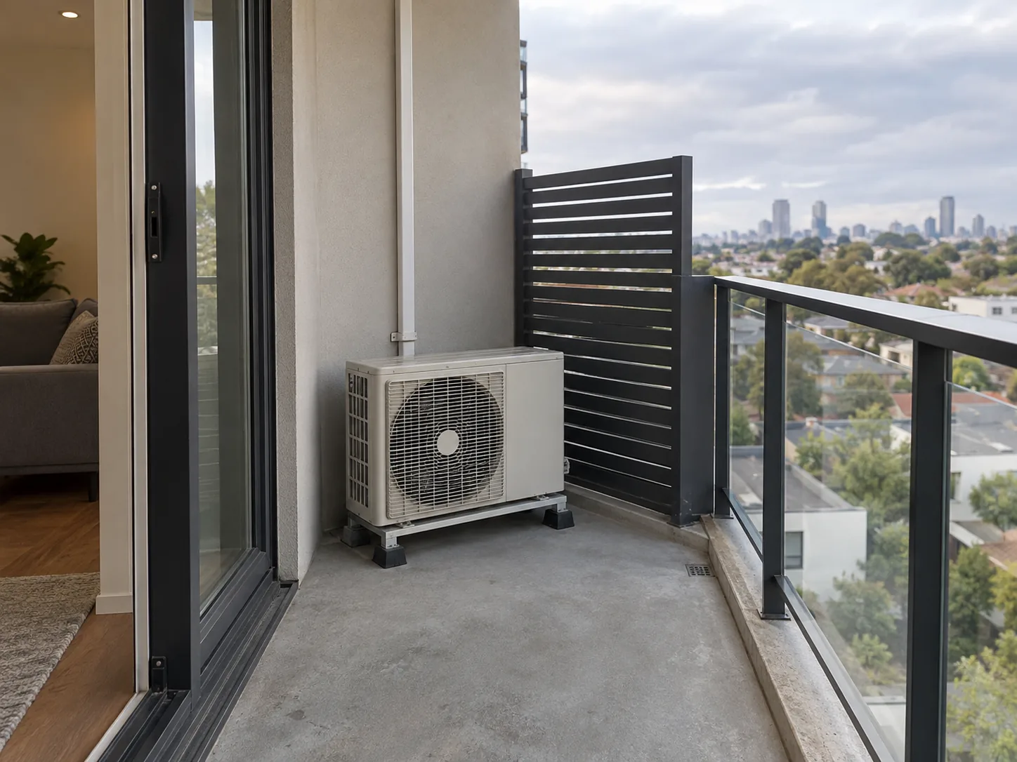A compact outdoor unit on a low stand in the corner of an apartment balcony