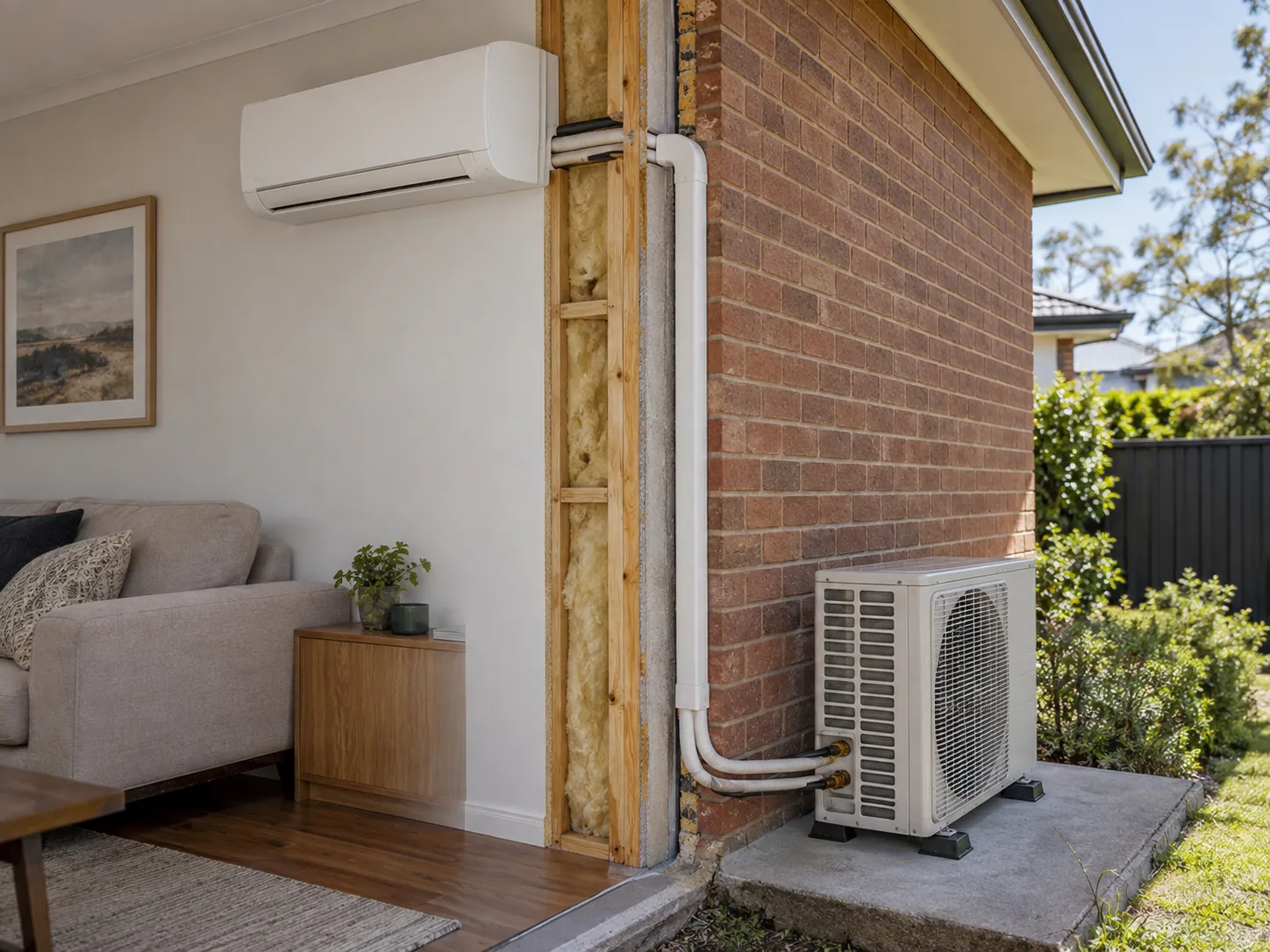 A cut-away view of a back-to-back install - the indoor unit inside, the outdoor unit directly behind it on the other side of the wall