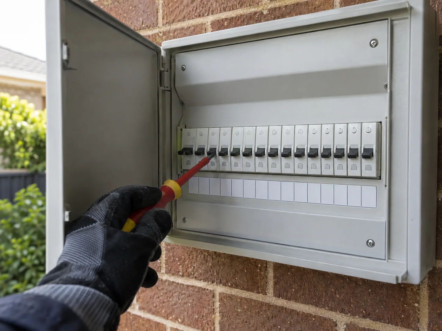 An electrician at the switchboard with the new circuit breaker fitted alongside the existing ones