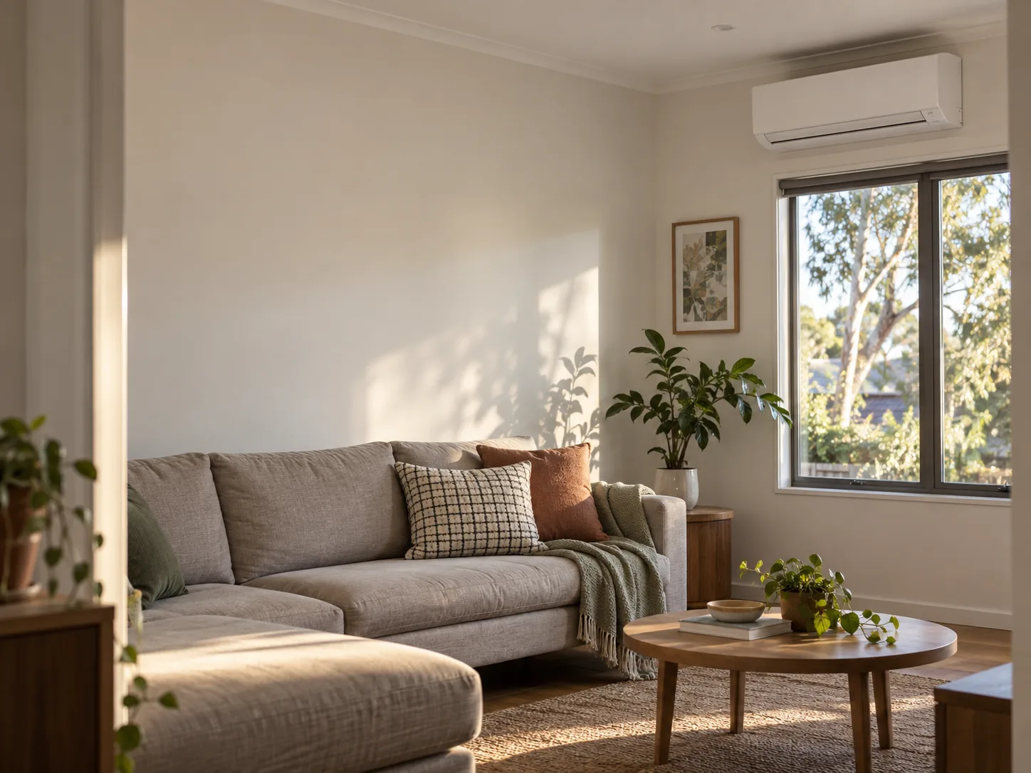 A wall-mounted split system high on a lounge room wall beside the window