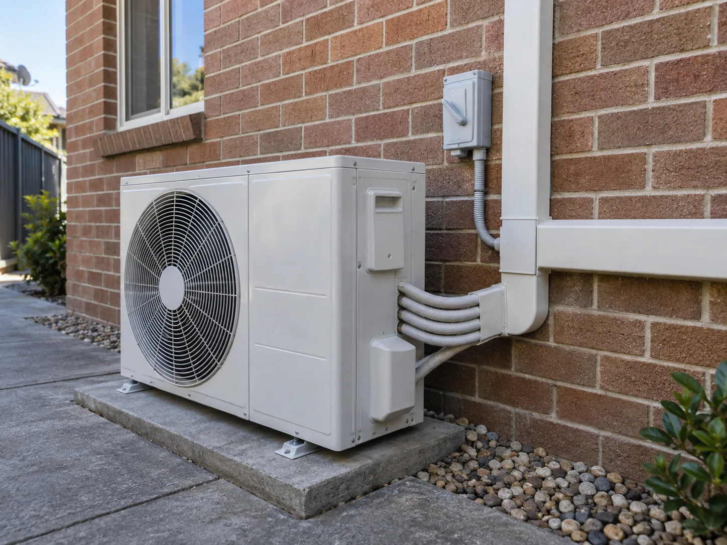 A multi-head outdoor unit on a slab with several pipe pairs leaving in one duct cover