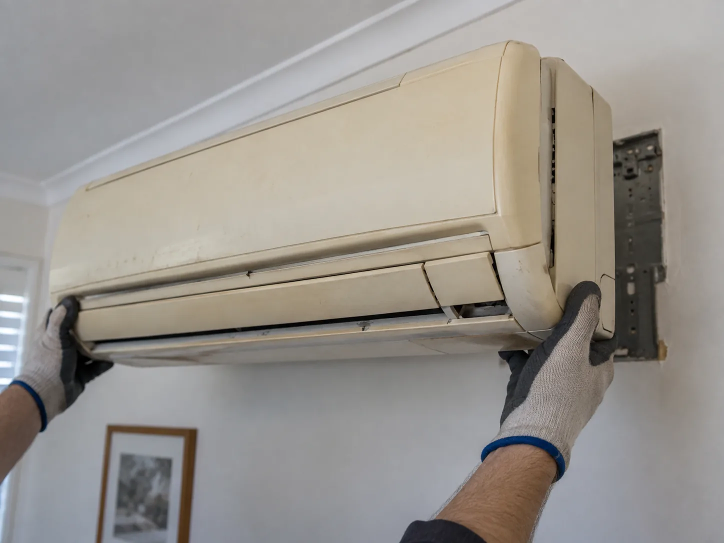 An old, yellowed wall unit being lifted off its mounting plate