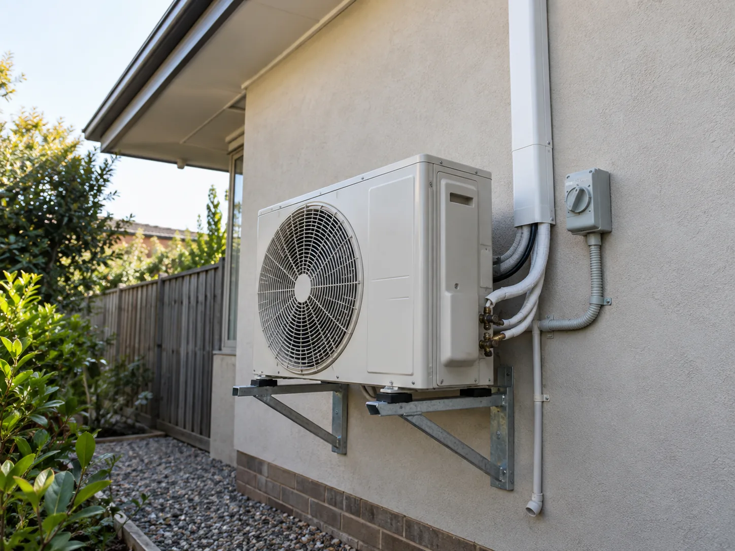 An outdoor unit on a wall bracket with the line set run in a duct cover