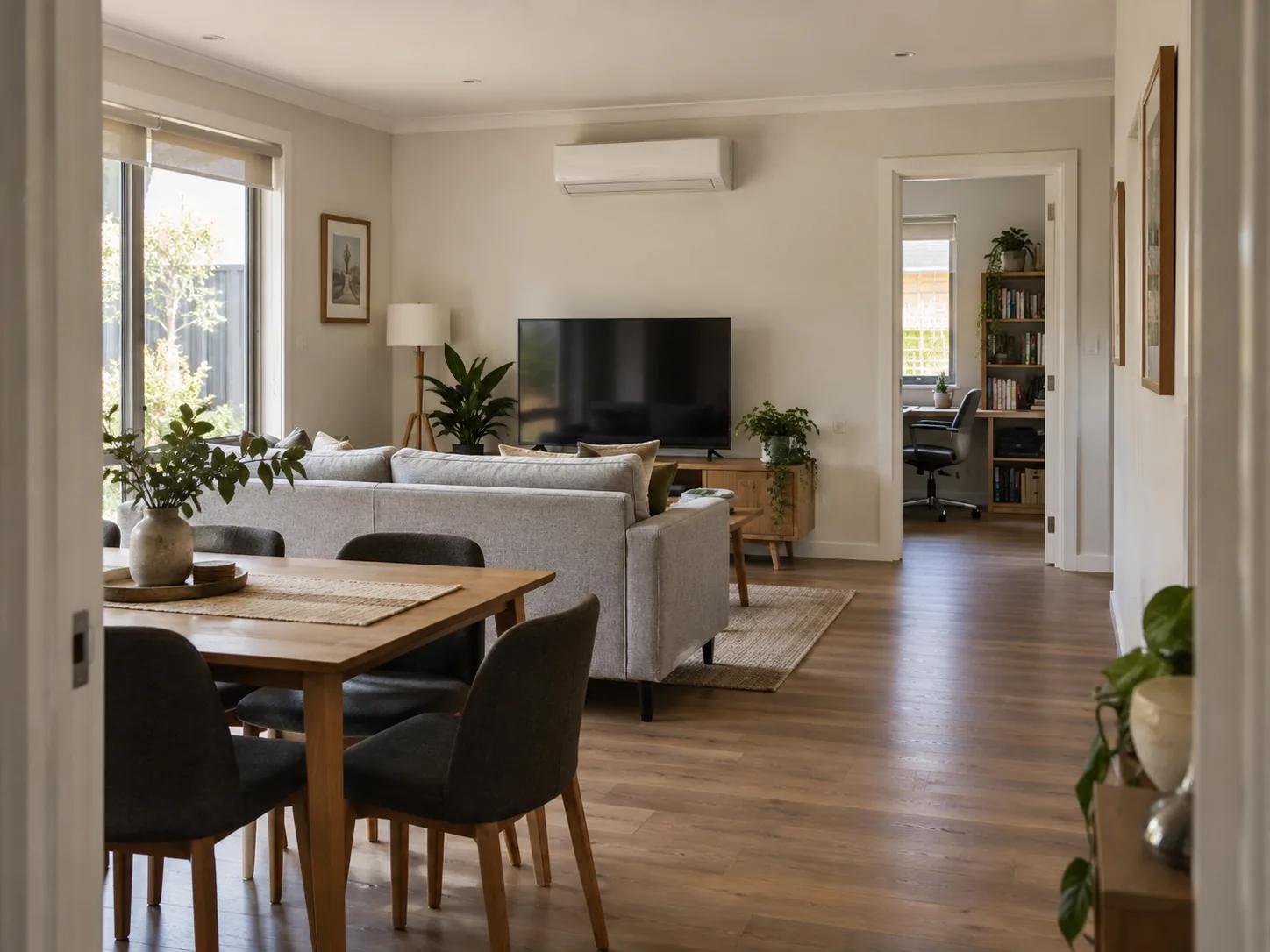 An open-plan living area with a wall split and a small study through the doorway - two very different room sizes