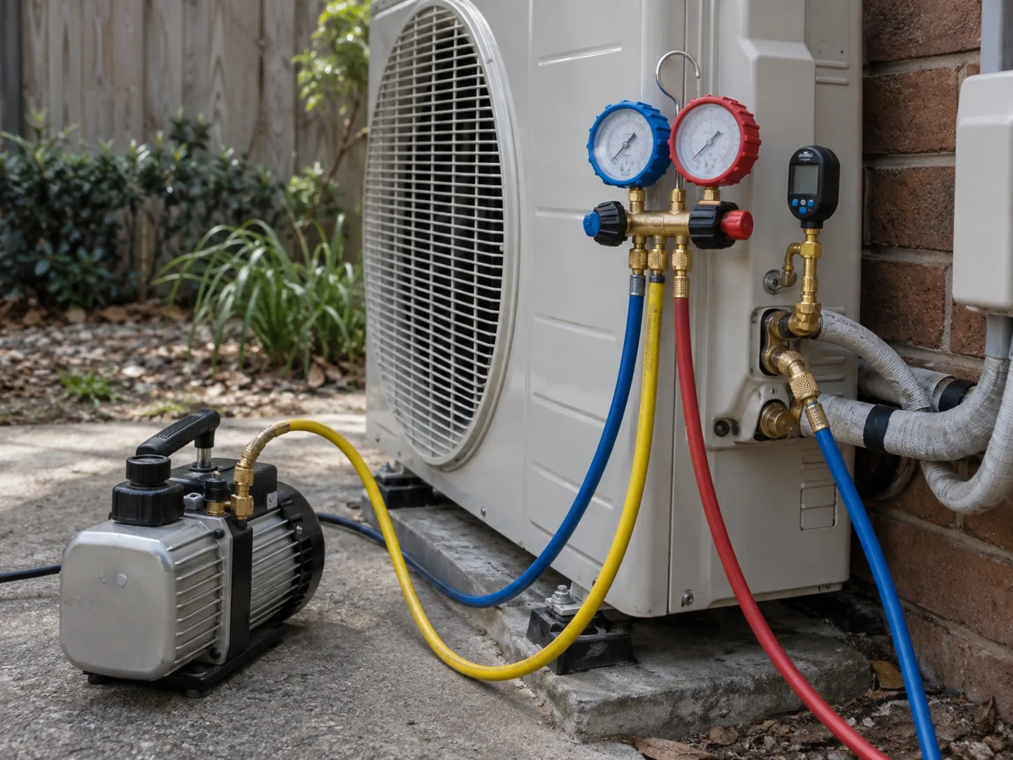 A gauge set and vacuum pump connected to the outdoor unit service valves before the refrigerant is released
