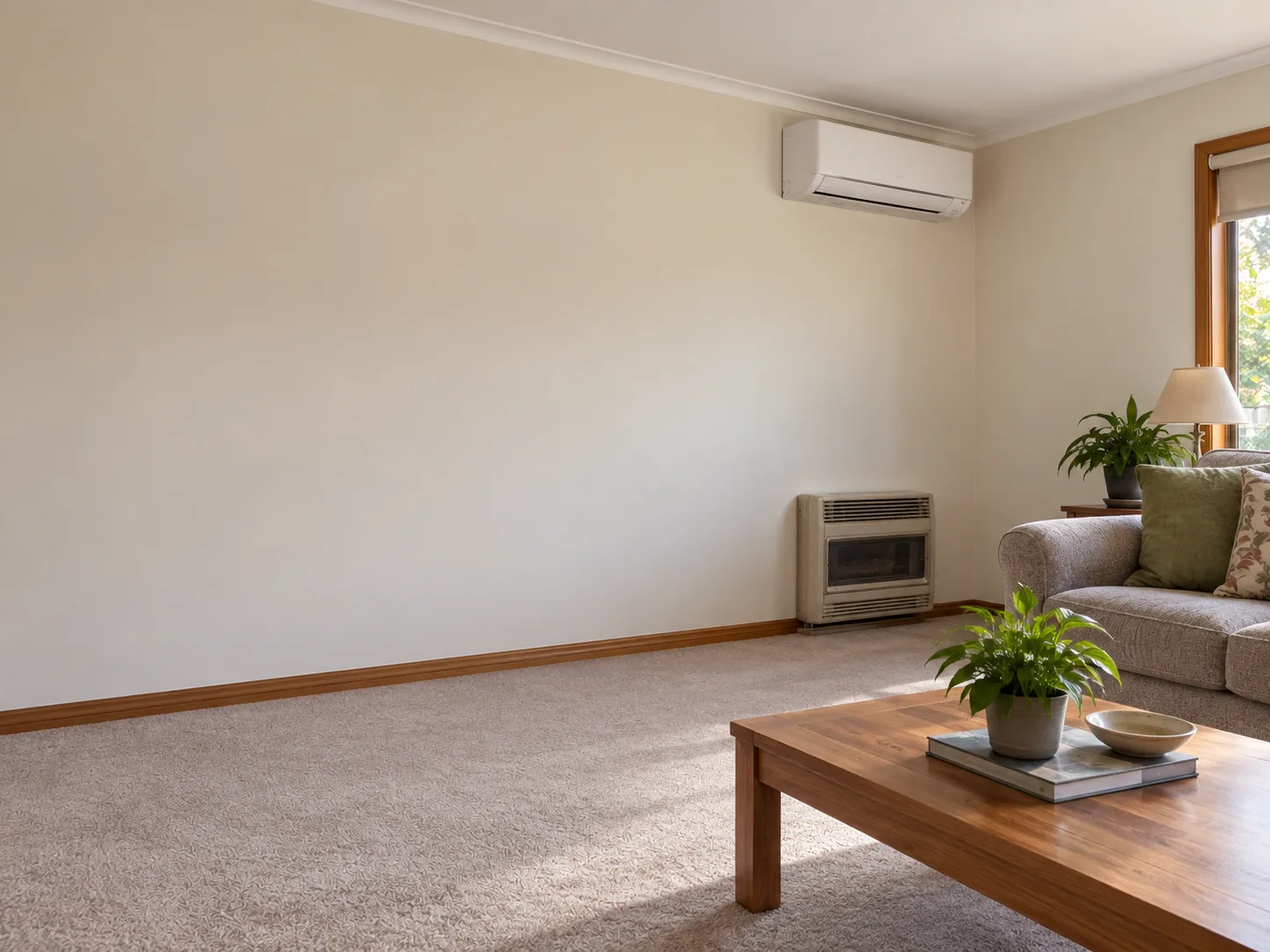 An old gas wall furnace and, high on the wall above it, the split system that replaces it