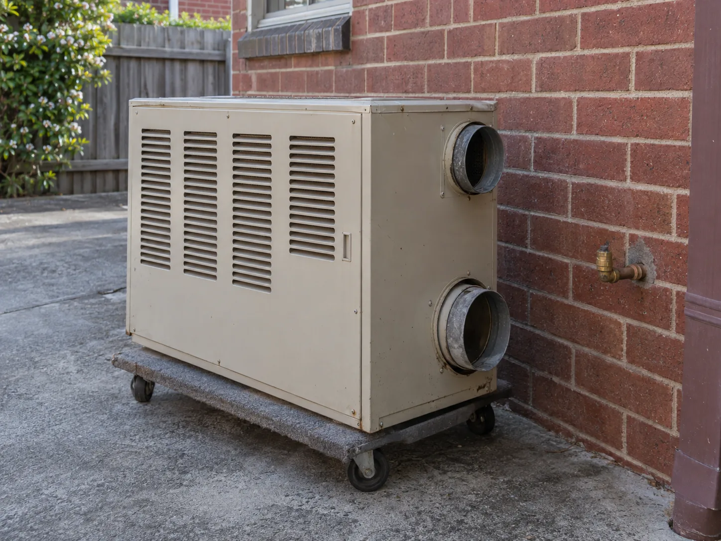 An old gas ducted heater wheeled out on a trolley, the capped gas point on the wall behind it