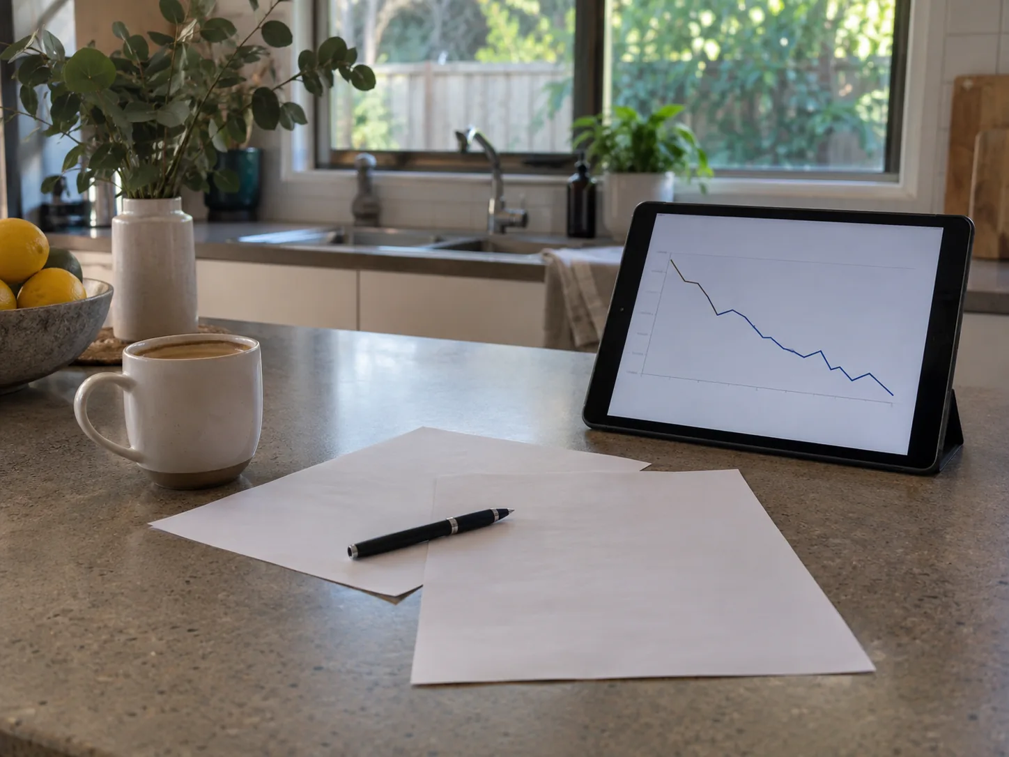 Working through the numbers at the kitchen bench, with a running-cost line trending down on the tablet