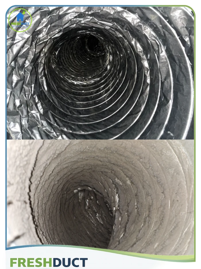 Flexible air duct interior, clean at the top and caked in dust at the bottom
