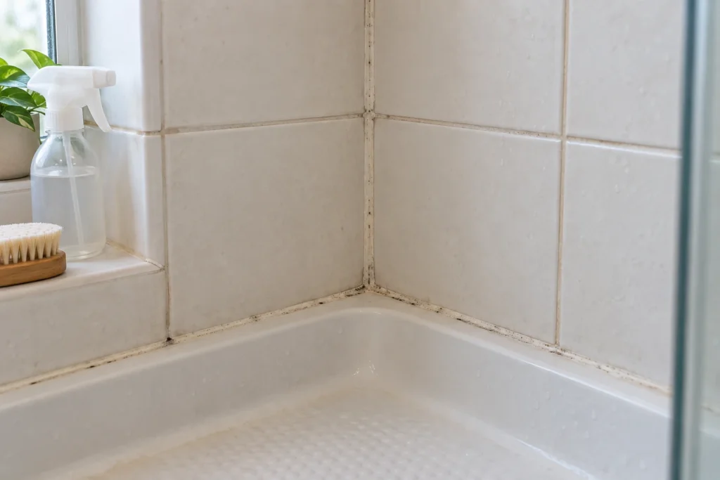 Dark speckling along the silicone and grout in the corner of a shower