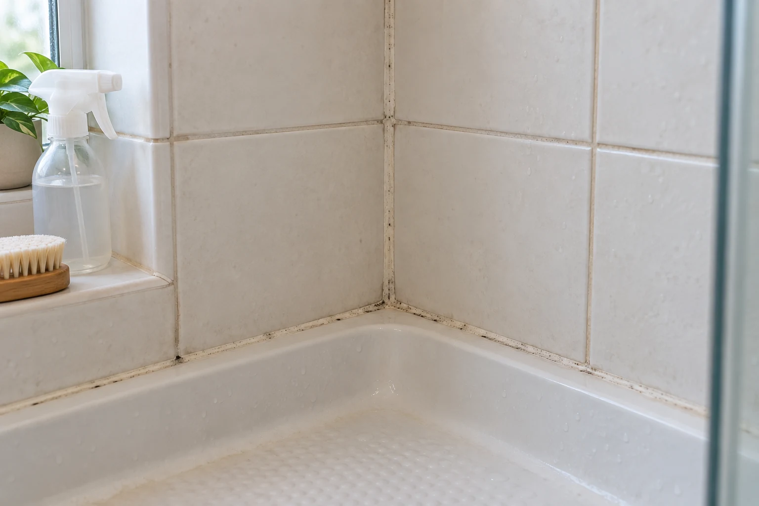 Dark speckling along the silicone and grout in the corner of a shower