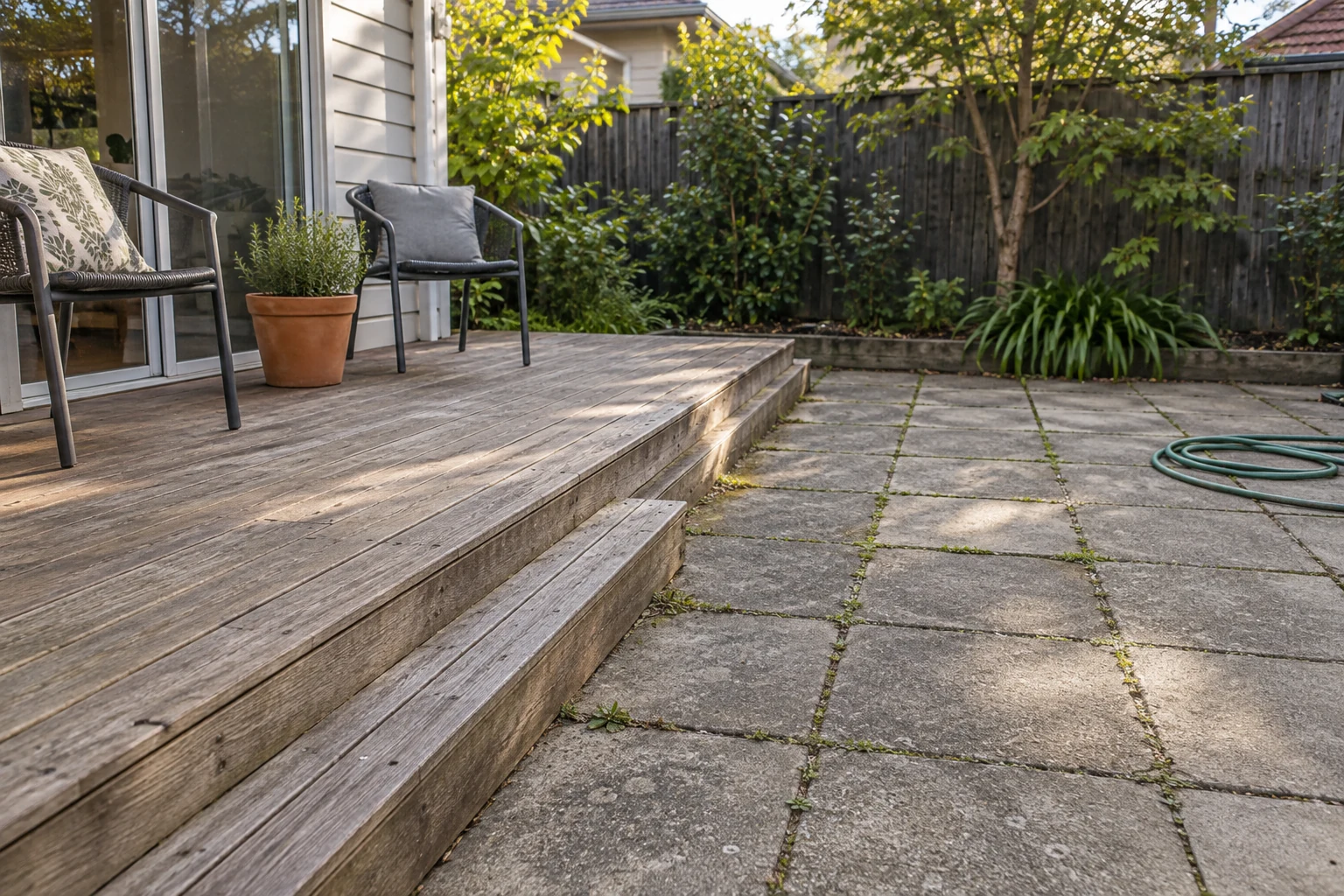 Weathered timber deck and steps beside concrete paving with moss in the joints