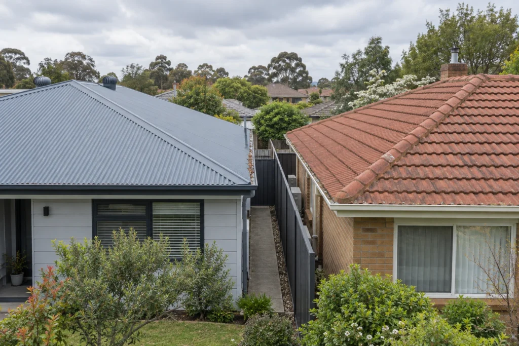 A corrugated metal roof beside a terracotta tiled roof on neighbouring houses