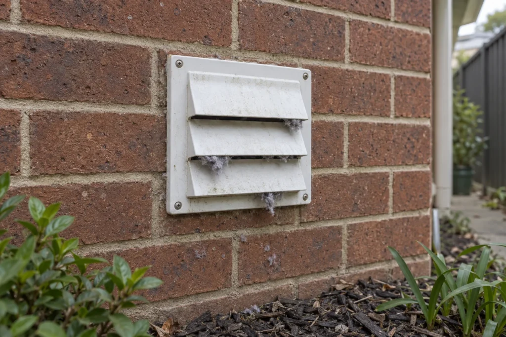 Lint caught in the louvres of an external dryer vent on a brick wall
