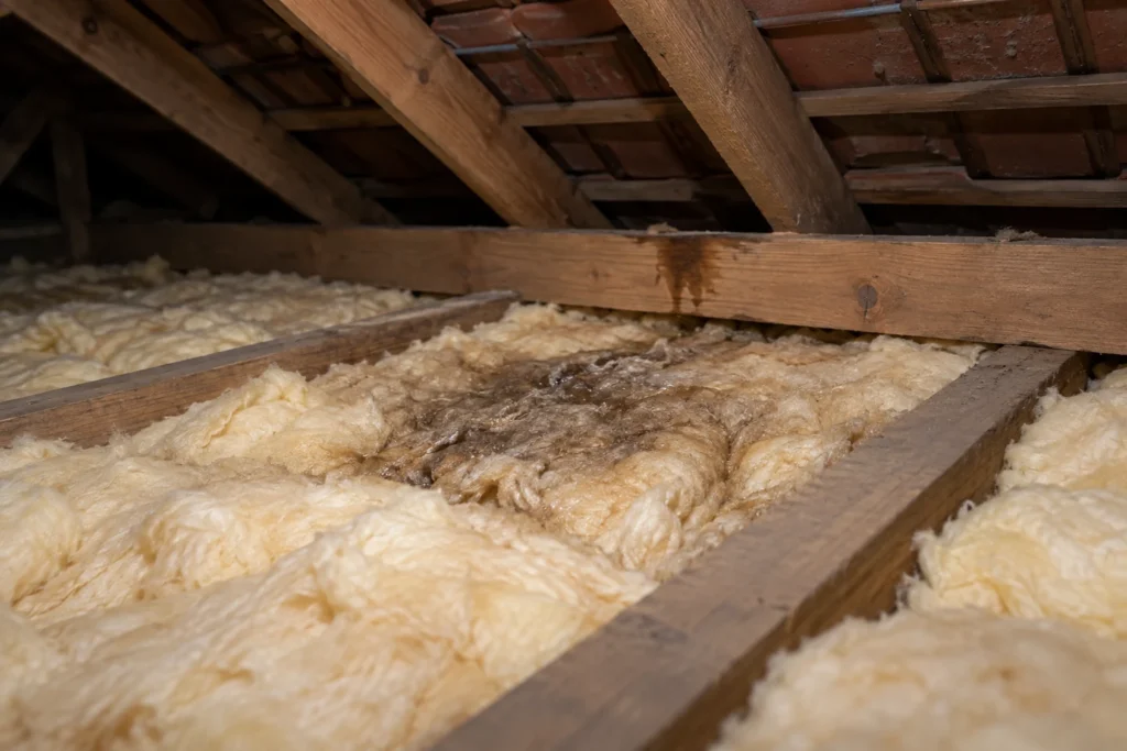 Stained, damp patch of ceiling insulation between the roof timbers