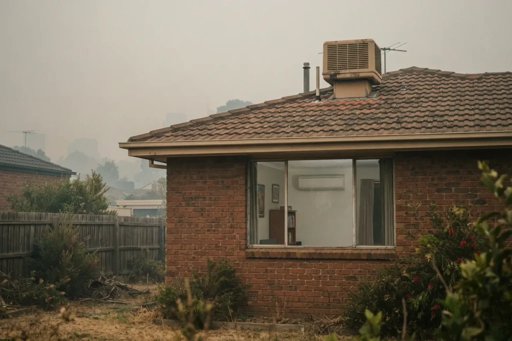 Brick house with an evaporative cooler on the tiled roof under smoky haze, a split system visible through the window