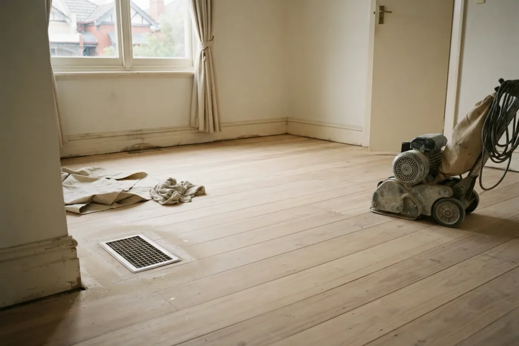 Freshly sanded timber floor with a floor sander and fine dust settled around a floor duct vent
