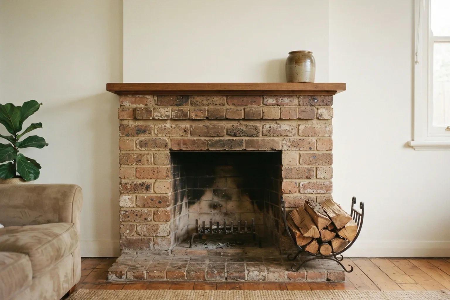 Brick fireplace with a soot-marked firebox, an empty grate and a rack of split firewood beside it