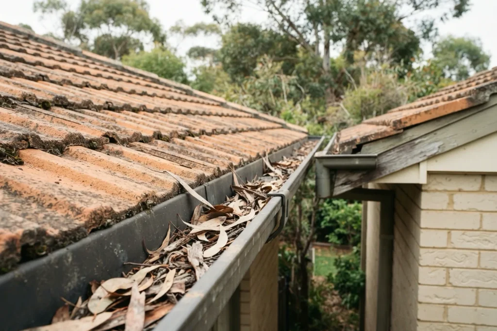 Roof gutter packed with dry gum leaves along a tiled roof, with eucalyptus trees behind the house