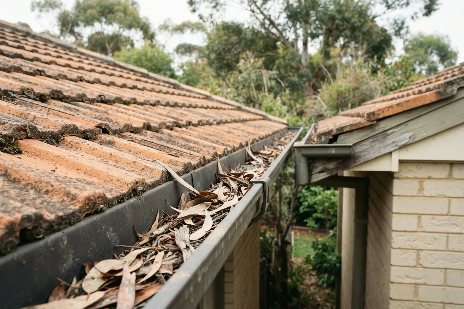 Roof gutter packed with dry gum leaves along a tiled roof, with eucalyptus trees behind the house