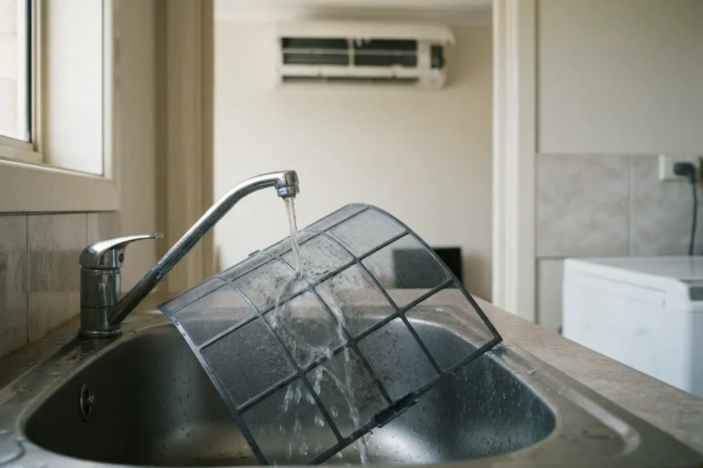 Split system mesh filter being rinsed under a laundry tap, with the opened indoor unit on the wall behind