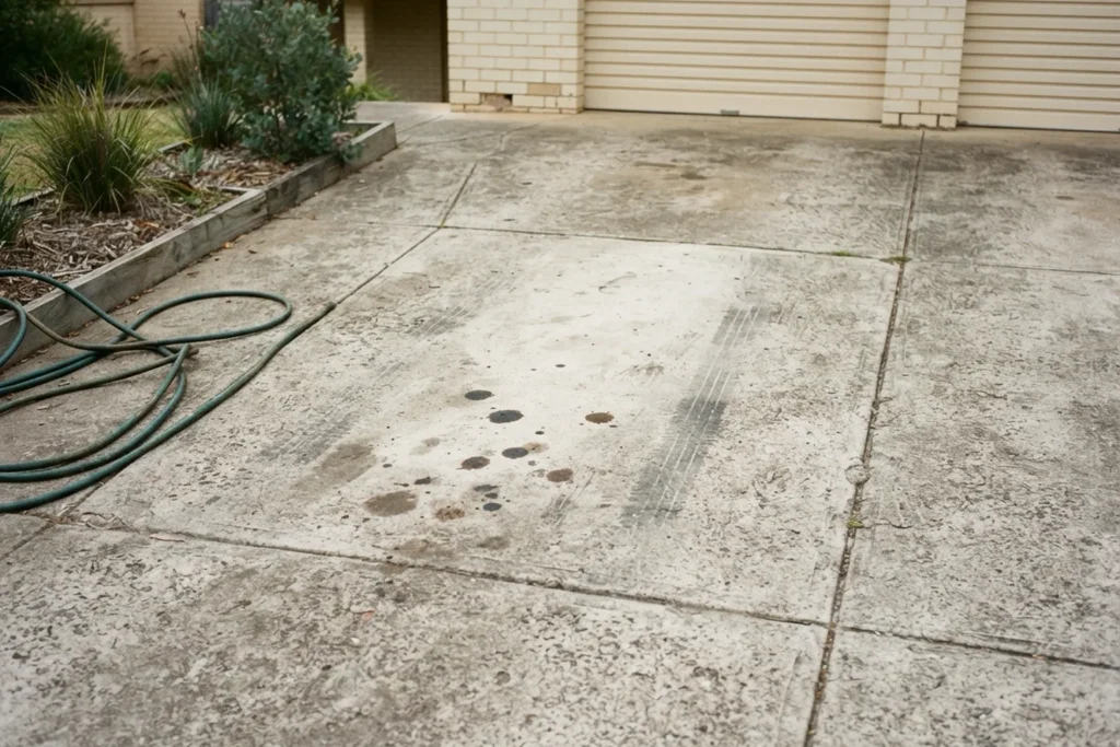 Concrete driveway with dark oil drip stains and tyre marks, a garden hose coiled at the side